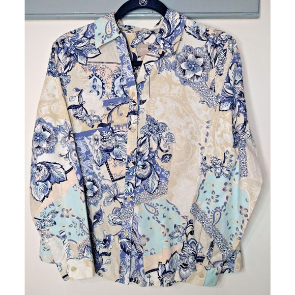 Chico’s Size 1 (S) Blue Gray Floral Cotton Button Front Long Sleeve Blouse - Picture 6 of 6